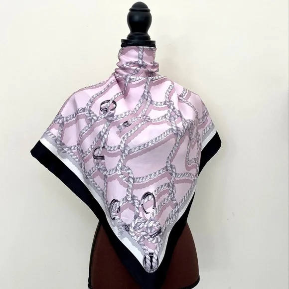 New Gucci Silk Scarf Pink Ropes Print Black Border Silk Wrap Scarf - Picture 1 of 15